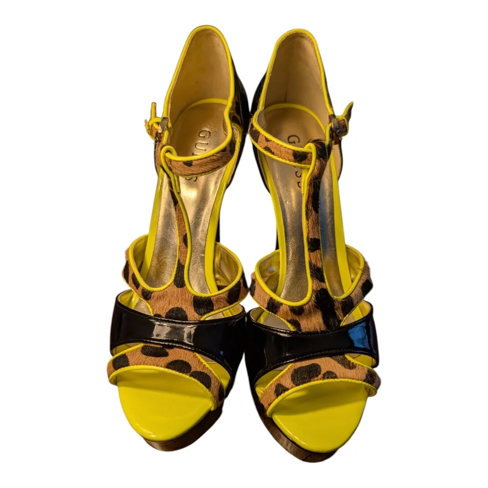 GUESS Yellow and Leopard Patent T-Strap Platform Heel